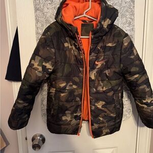 Nike Kids Camo Puffer Jacket with Bright Orange
